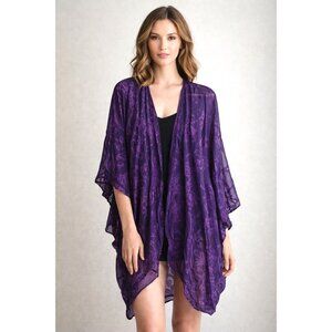Eskandar Purple Burnout Open Front Kimono Sheer Jacket w Scarf Silk Blend SZ 0
